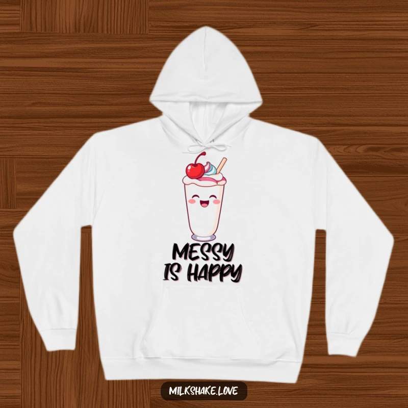 Funny laughing kawaii milkshake spilling a colorful swirl, a cozy and funny hoodie.