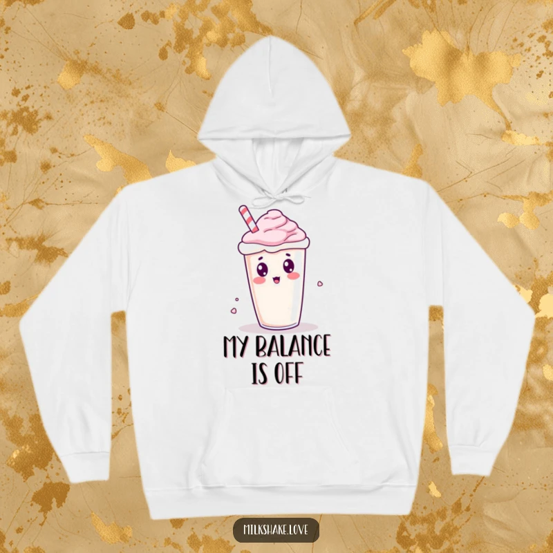 Funny Kawaii Milkshake Hoodie: A surprised kawaii milkshake character in a spill, designed for maximum humorous impact.