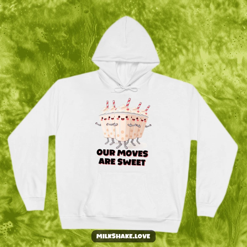 Funny hoodie featuring mini milkshakes performing a synchronized dance, offering warmth and a dose of sweet, humorous choreography.