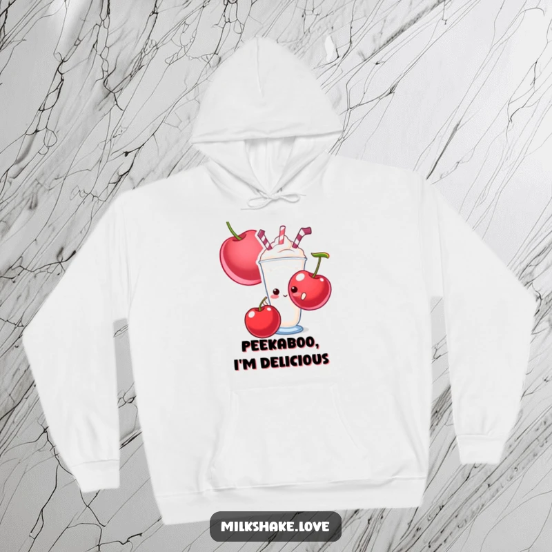 Funny hoodie featuring a shy milkshake hiding behind a giant cherry, offering cozy comfort and sweet humor.