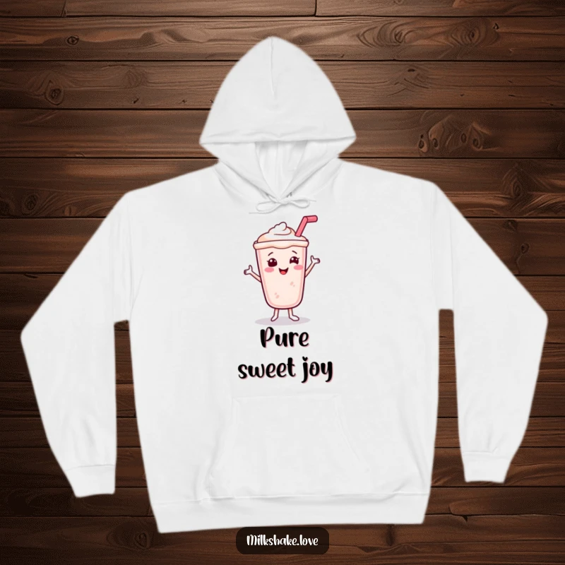 Funny Smiling Milkshake Hoodie depicting a happy dancing milkshake with a straw, perfect for cozy and humorous wear.