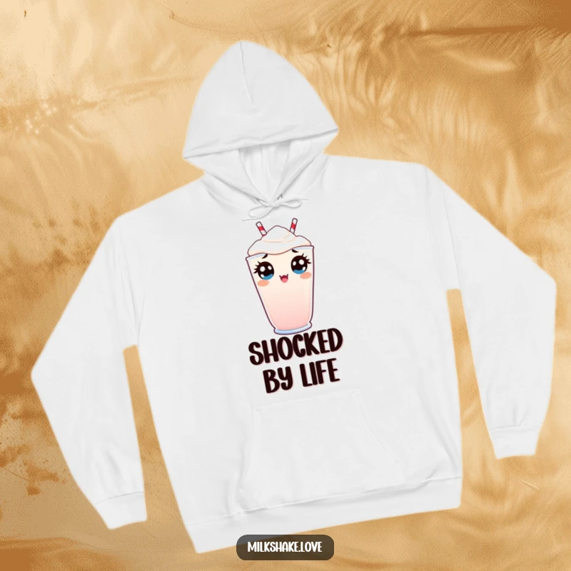 Funny Hoodie featuring a Kawaii milkshake with wide, startled eyes peeking over the rim, capturing a moment of pure astonishment.