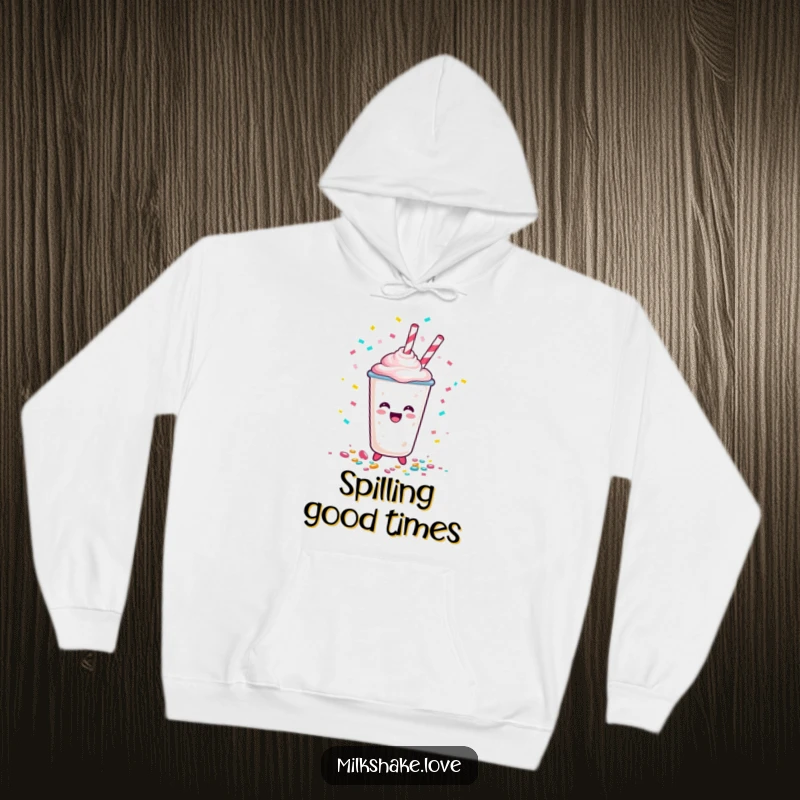 Funny Happy Milkshake Cup Hoodie, a cartoon character cheerfully spilling confetti, perfect for cozying up during festive times, a wearable party.