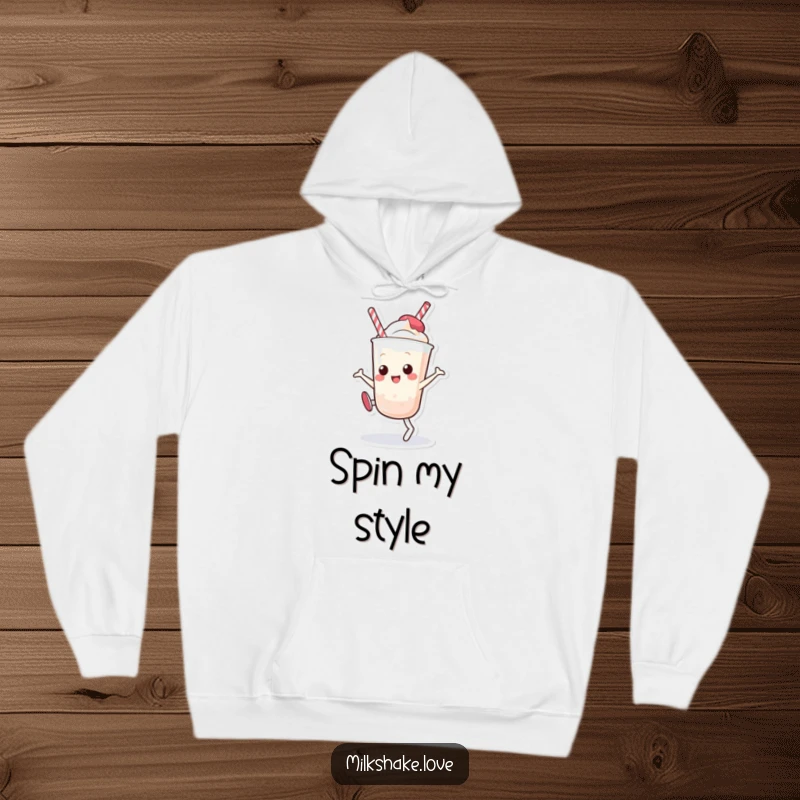 Funny Kawaii Milkshake Hoodie: A delightful cartoon milkshake character mid-cartwheel, designed for ultimate comfort and humorous style.