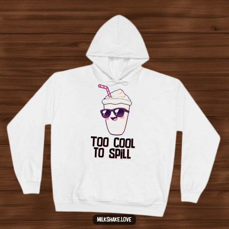 Funny kawaii milkshake character with a wide grin and sunglasses, a warm and humorous hoodie design for the effortlessly cool.