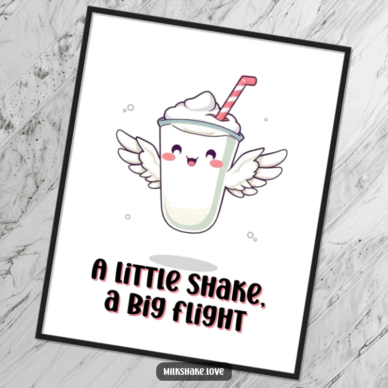 Funny Free Printable Wall Art: A tiny winged milkshake hilariously attempts flight, adding quirky humor to any room.