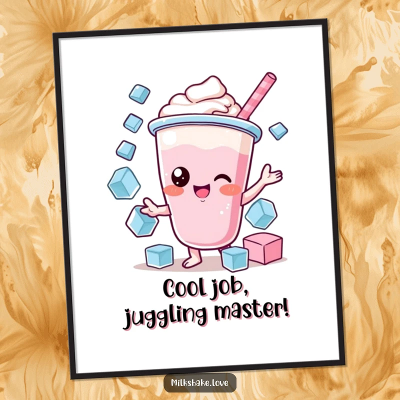 Funny Free Printable Wall Art: A Kawaii milkshake character focused on skillfully juggling multiple shining ice cubes.