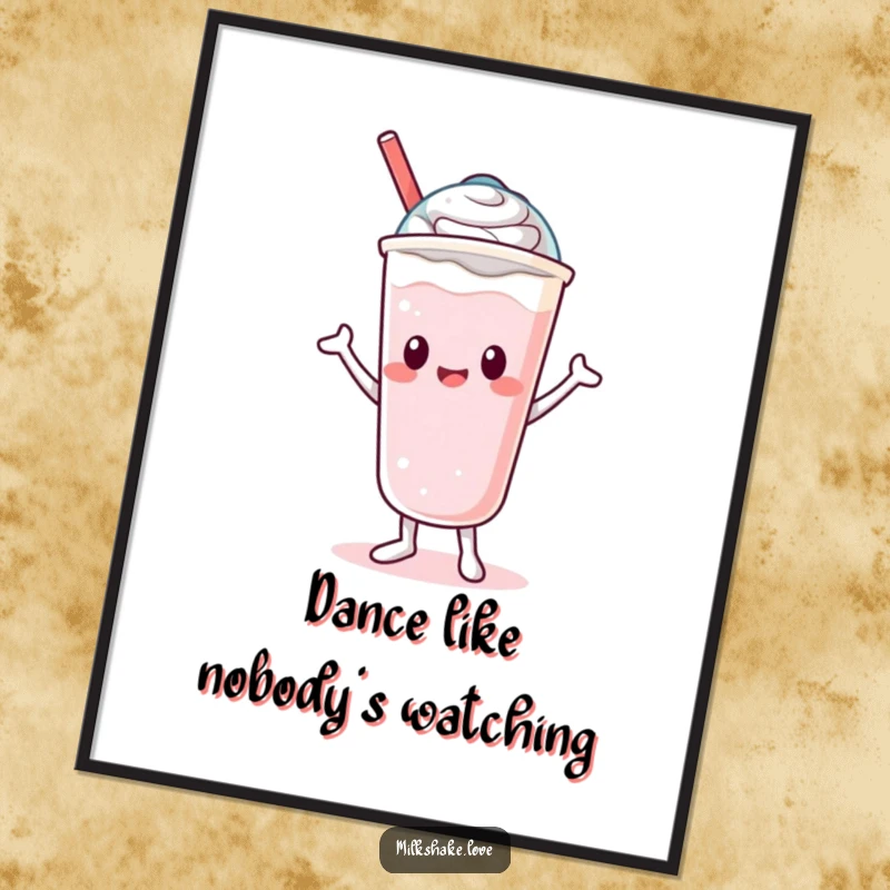 Funny Free Printable Wall Art: A cute Kawaii milkshake character is caught mid-silly dance, its lid jiggling.
