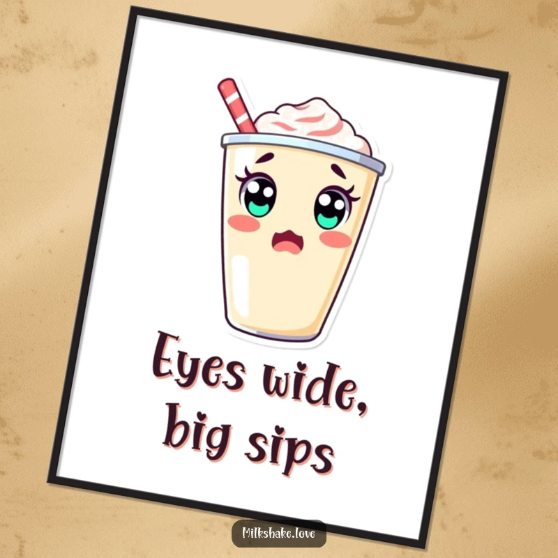 Funny Free Printable Wall Art: A surprised kawaii milkshake cup does a silly double take with big eyes, looking playfully shocked.