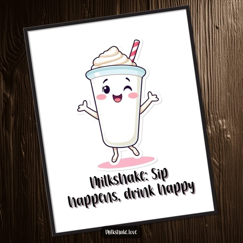 Funny Free Printable Wall Art: A smiling milkshake cup character dancing with sheer delight, bringing fun decor.