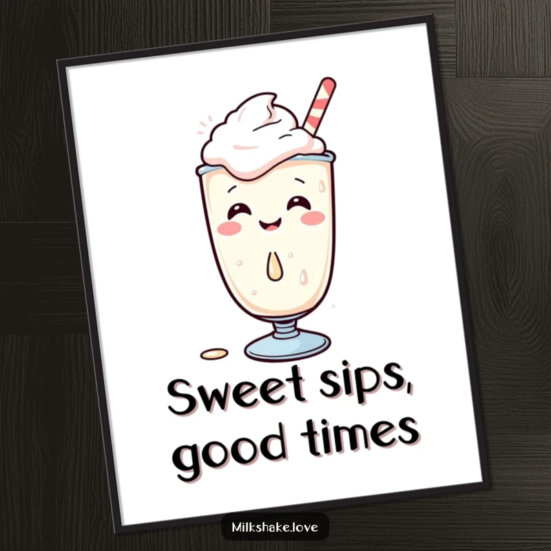 Funny Free Printable wall art: a cheerful Kawaii milkshake character in a fit of giggles, accidentally spilling a tiny drop of its contents.