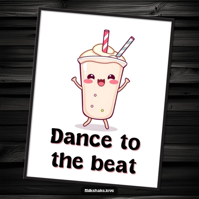 Funny Free Printable Kawaii Milkshake Wall Art: a character doing a playful shimmy with its straw dancing.
