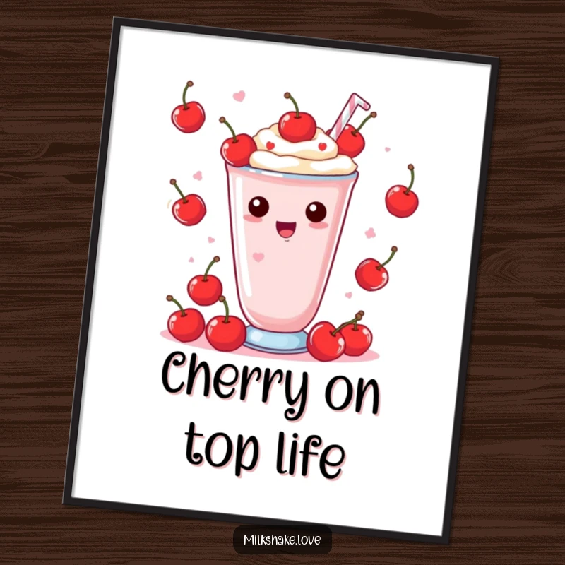 Funny Free Printable Kawaii Milkshake Wall Art: a joyful character juggling cherries, adding playful charm.