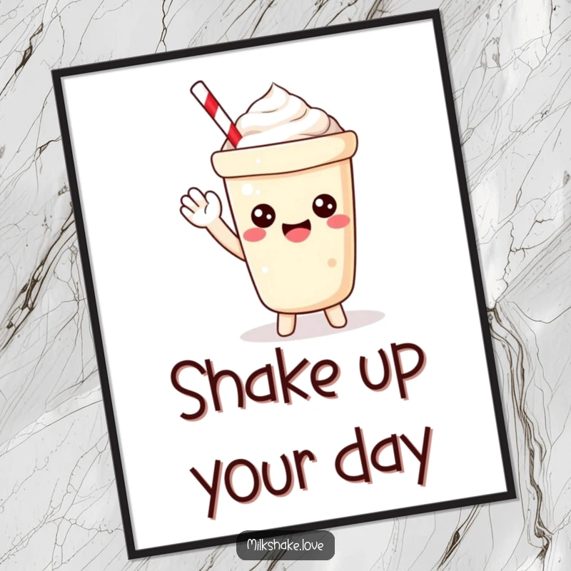 Funny Free Printable Kawaii Milkshake Wall Art: a cheerful, waving milkshake character bringing joy to any room.