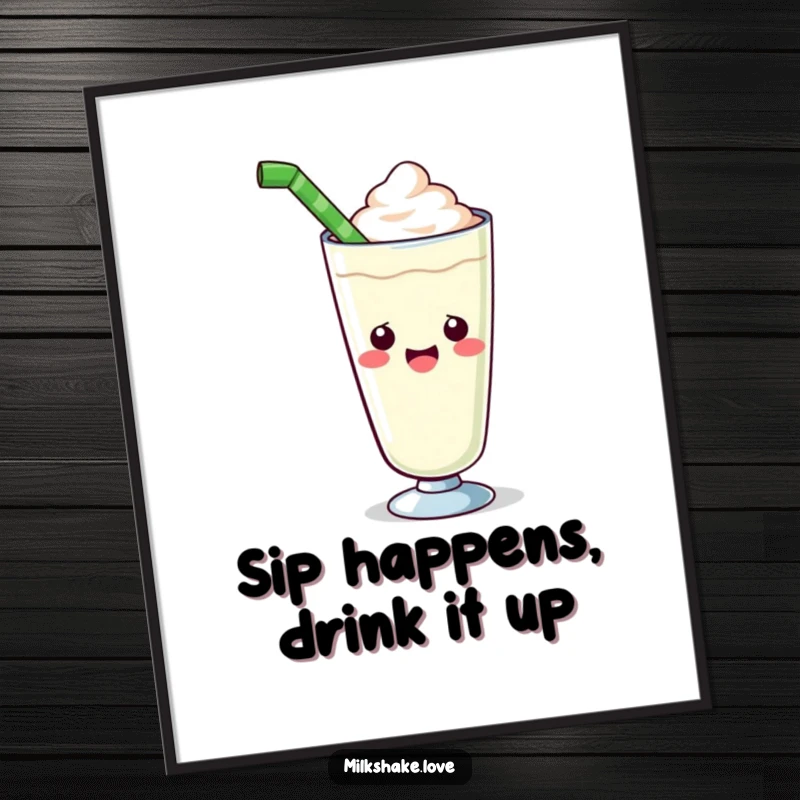 Funny Free Printable Wall Art: A kawaii milkshake glass holds out a massive straw with a smile.