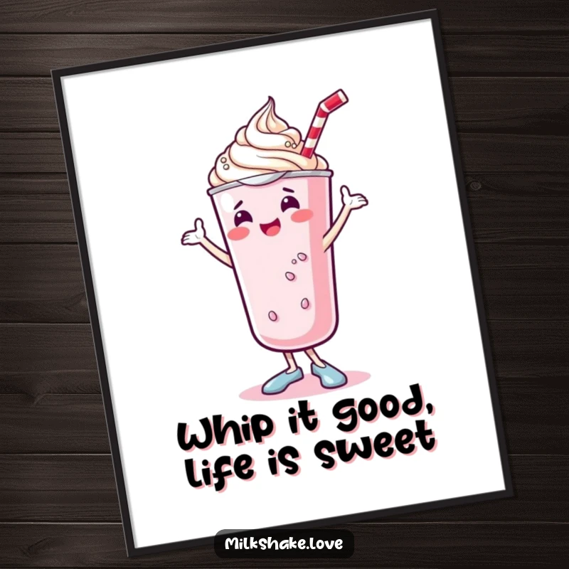 Funny Free Printable Wall Art: A joyful kawaii milkshake with whipped cream performing a happy dancing shimmy.