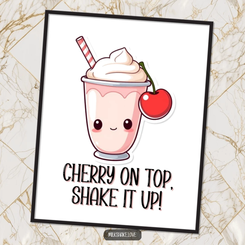 Funny Free Printable Wall Art: a curious milkshake cup peeking at a cherry, creating a fun, humorous, and eye-catching decorative piece.
