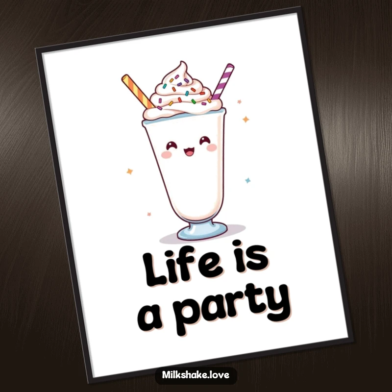 Funny Free Printable Wall Art depicting a Kawaii milkshake with abundant whipped cream and colorful sprinkles, actively cheering.