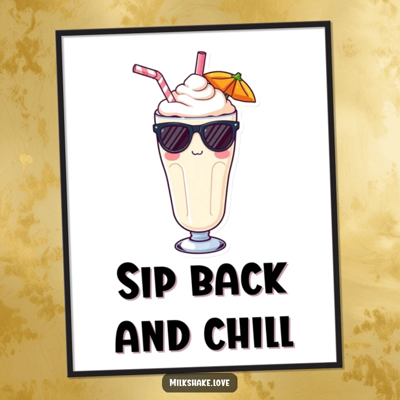 Funny Free Printable Wall Art of a Kawaii milkshake with a straw and sunglasses, embodying ultimate coolness.
