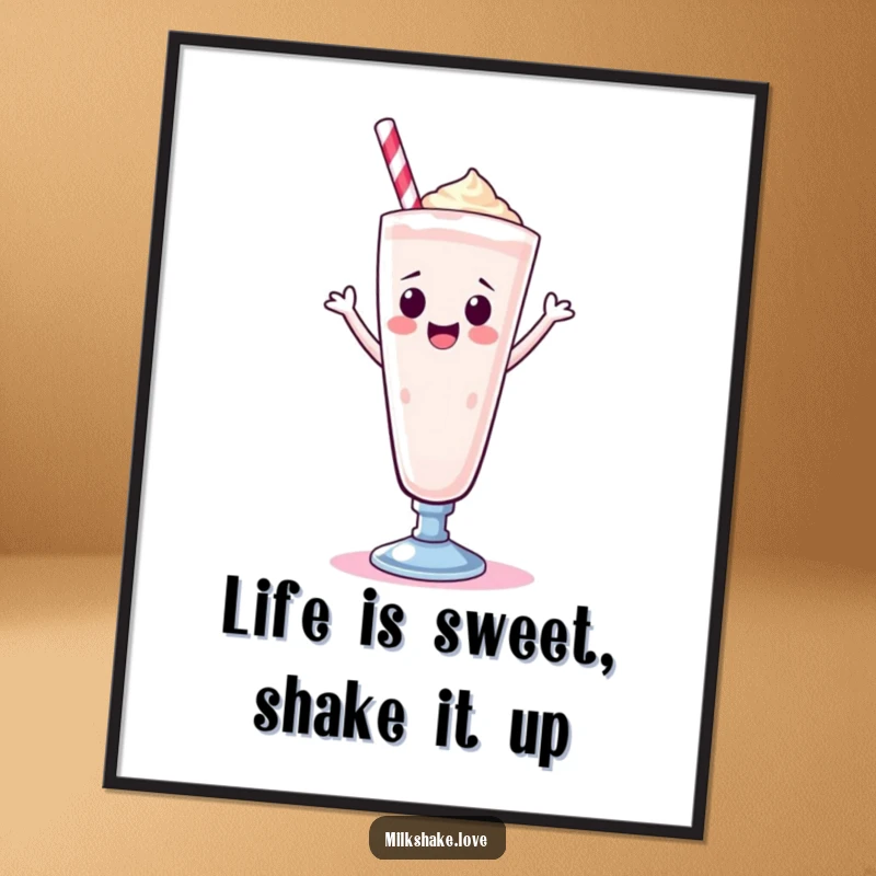 Funny Free Printable Wall Art: A Kawaii milkshake in a tall glass, enthusiastically doing a happy dance.