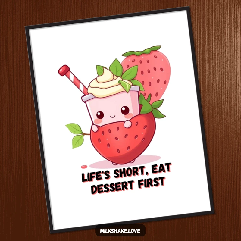 Funny Free Printable Wall Art: A shy Kawaii milkshake character peeking from behind a massive strawberry, cute and quirky.