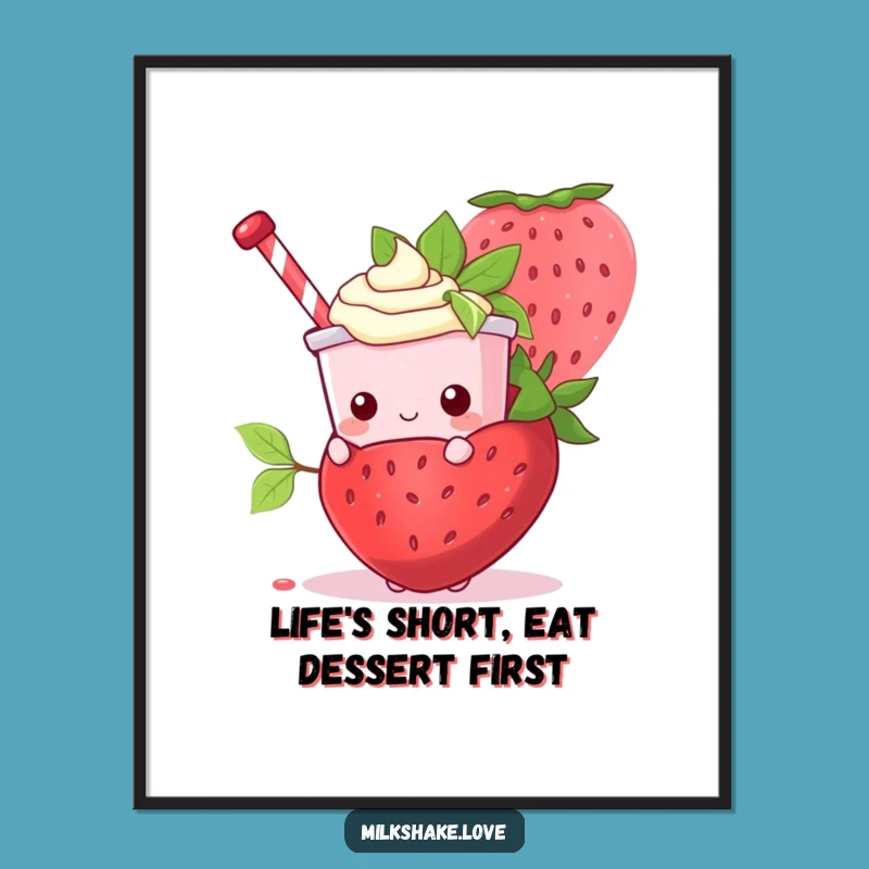 Free Printable Wall Art: Funny Kawaii Milkshake Hiding Behind Strawberry, Cute Decor!