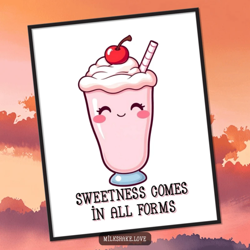 Funny Free Printable Wall Art: A Kawaii milkshake topped with a cherry, giving a playful wink.
