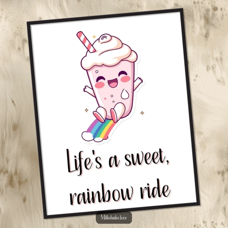 Funny free printable wall art depicting a delighted milkshake character gleefully sliding down a colorful rainbow.