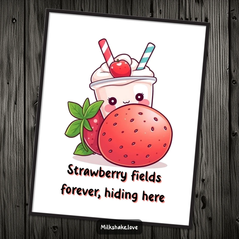 Funny Free Printable Wall Art: A kawaii milkshake character peeking shyly from behind a giant strawberry, offering a bashful smile.