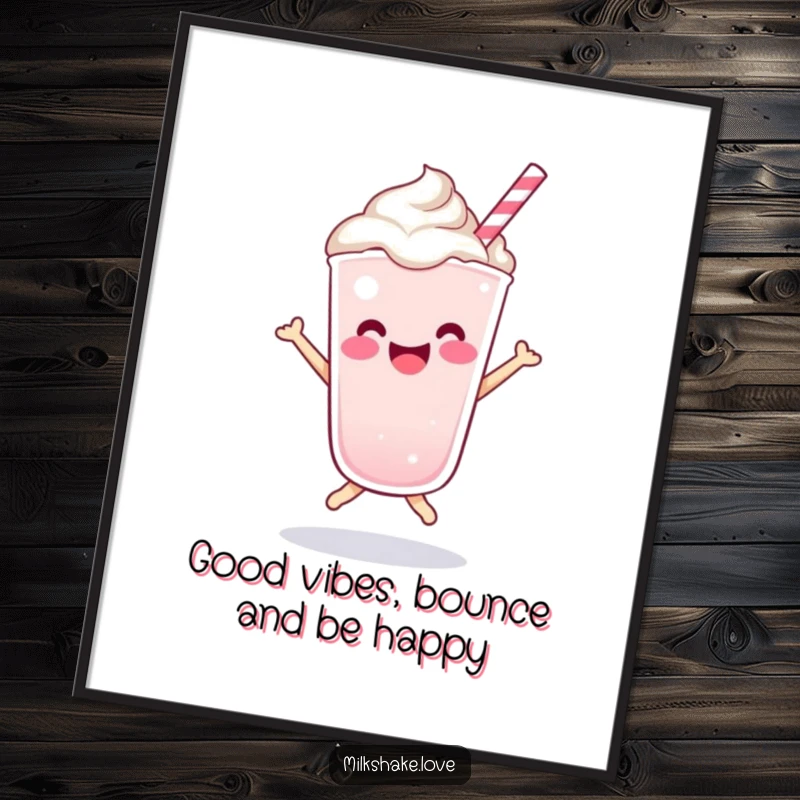 Funny Free Printable Wall Art: A kawaii milkshake character in a joyful bounce, with sprinkles and happy lines all around.