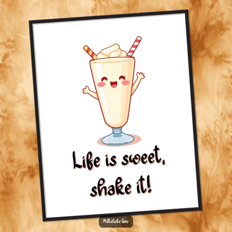 Funny Free Printable Wall Art depicting a Kawaii milkshake in a tall glass performing an energetic, happy dance.