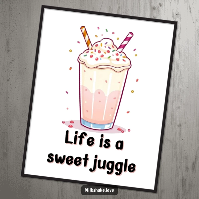 Funny Free Printable Wall Art: A cheerful milkshake demonstrating its juggling talent with tiny, colorful sprinkles.