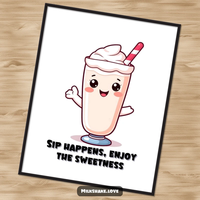 Funny Free Printable Wall Art: A delightful Kawaii milkshake beams a sweet smile, bringing a cheerful and whimsical vibe to your decor.