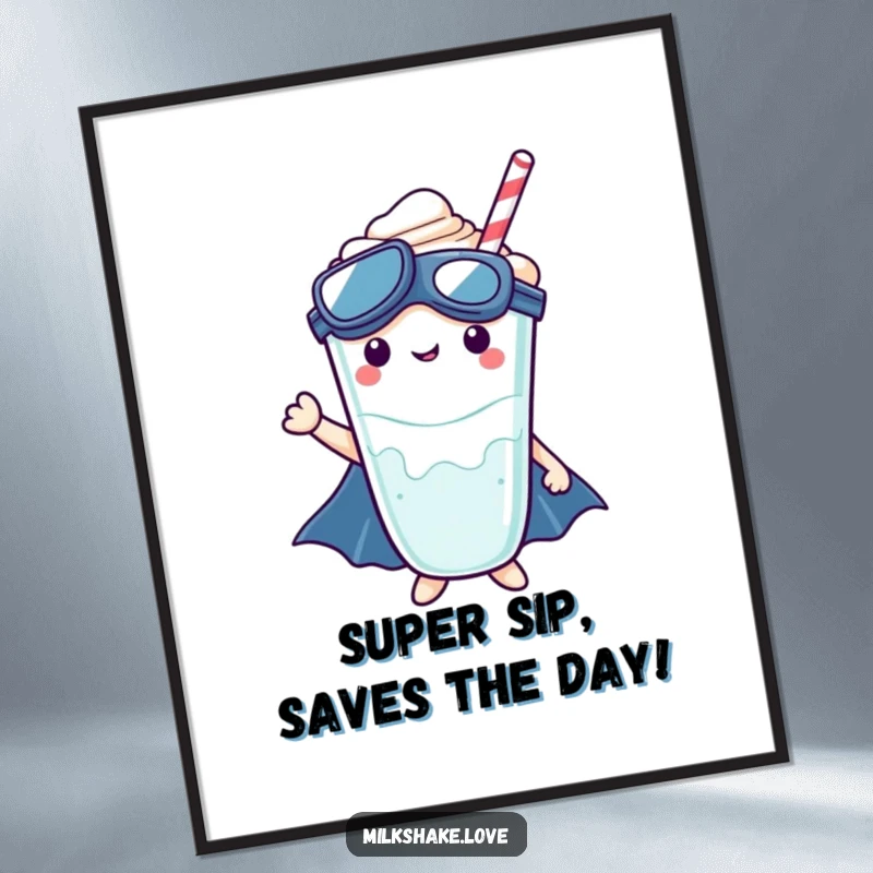 Funny Free Printable Wall Art: A Kawaii milkshake dressed as a superhero, ready to leap into action with sweet determination.