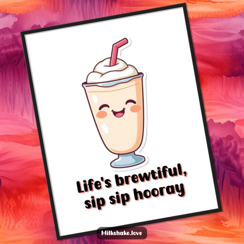 Funny free printable wall art featuring a cute milkshake character with a straw, giving a cheerful wink.