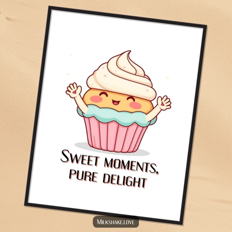 Funny Free Printable Wall Art: Blushing cupcake with tiny arms waving enthusiastically at sparkles, sweet and cheerful decor.