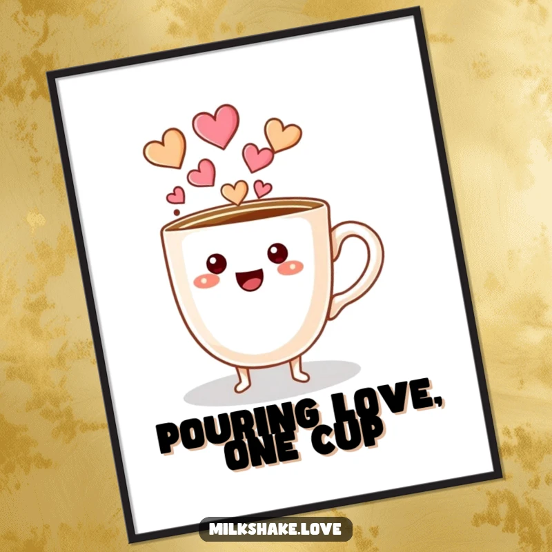 Funny Free Printable Wall Art: A coffee cup character with tiny feet pouring out a continuous stream of happy, joyful hearts.