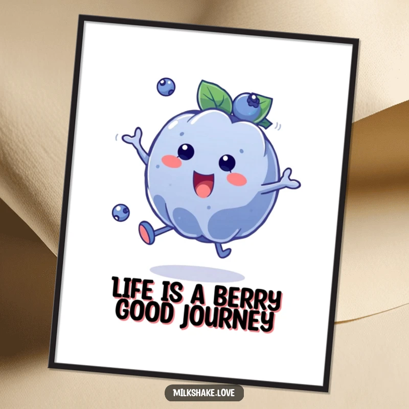 Funny Free Printable Wall Art: A plump blueberry character in mid-bounce, radiating pure, unadulterated joy and energy.