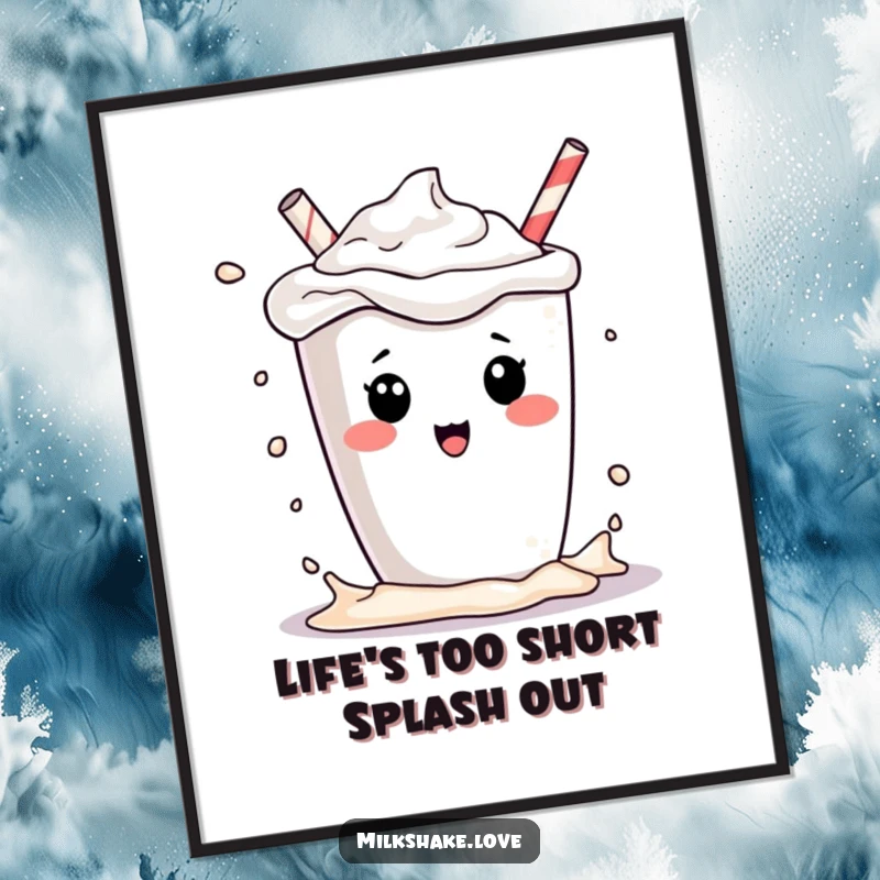 Funny Free Printable Wall Art featuring a kawaii milkshake character playfully splashing its contents, a sweet and humorous addition.