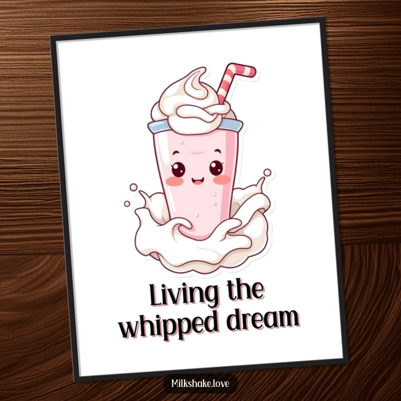 Funny Free Printable Wall Art: A cute Kawaii milkshake character joyfully splashes in a generous swirl of whipped cream.