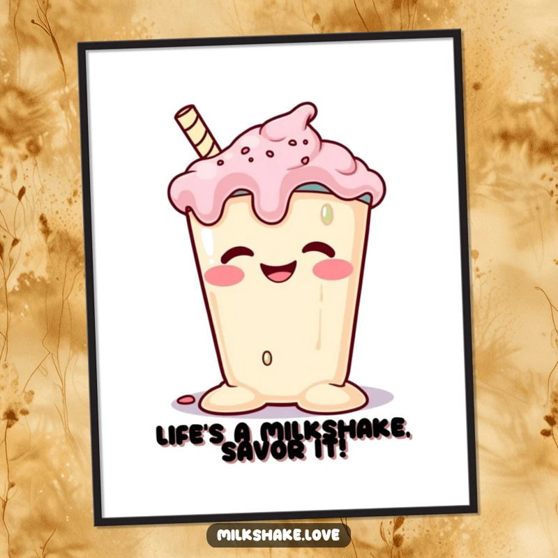 Funny free printable wall art: A melting milkshake in a happy slump with a very goofy, wide grin.