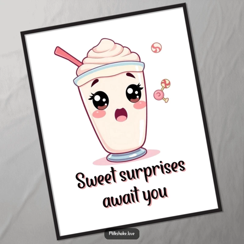 Funny Free Printable Wall Art: A surprised milkshake with wide eyes gasps at a floating candy, quirky funny downloadable art.
