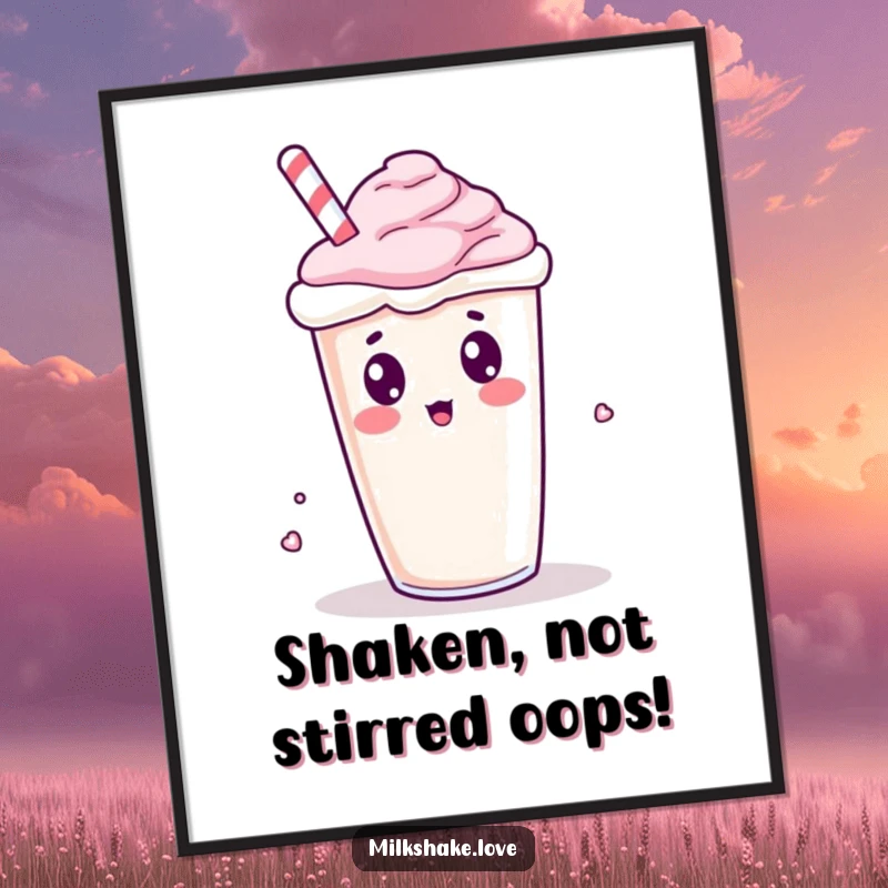 Funny Free Printable Wall Art: A cute Kawaii milkshake character tipping over with a comically surprised expression, drink splashing.