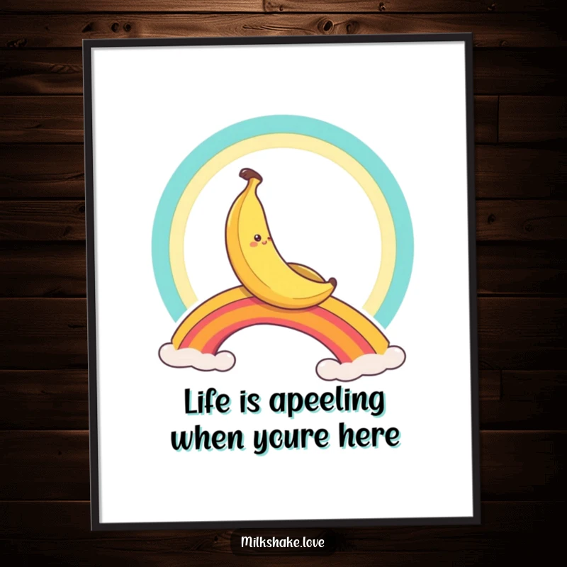 Funny Free Printable Wall Art: A smiling banana character confidently sliding down a dazzling rainbow, spreading joy and color.