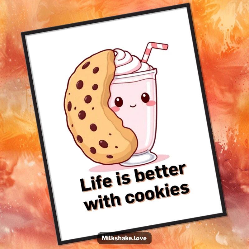 Funny Free Printable Wall Art: A shy kawaii milkshake peeks out from behind a giant cookie.