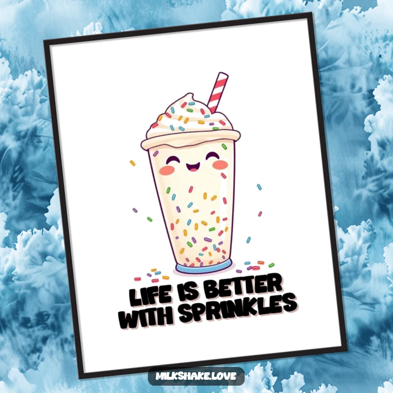 Funny Free Printable Wall Art of a happy milkshake cup enjoying a downpour of colorful sprinkles.