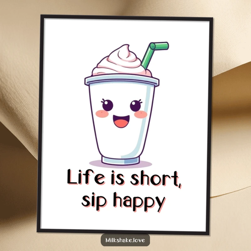 Funny Free Printable Wall Art of a ecstatic milkshake cup with a straw, ready to party.