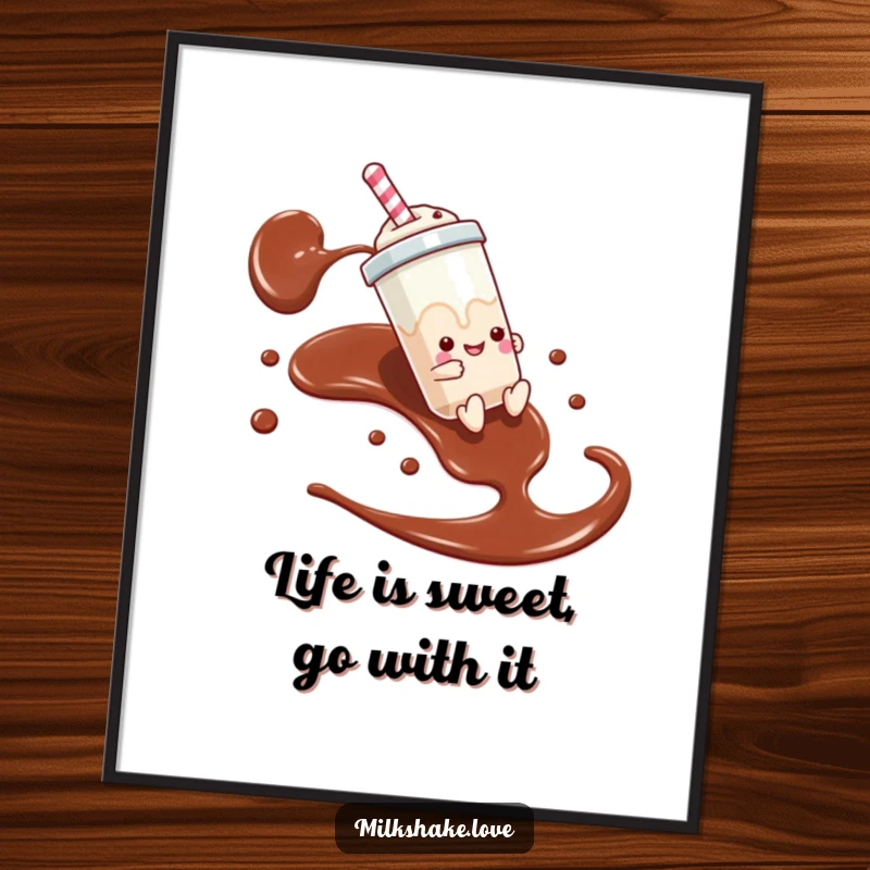 Funny Free Printable Wall Art: An anthropomorphic milkshake gleefully slides down a chocolate syrup stream, creating a fun scene.