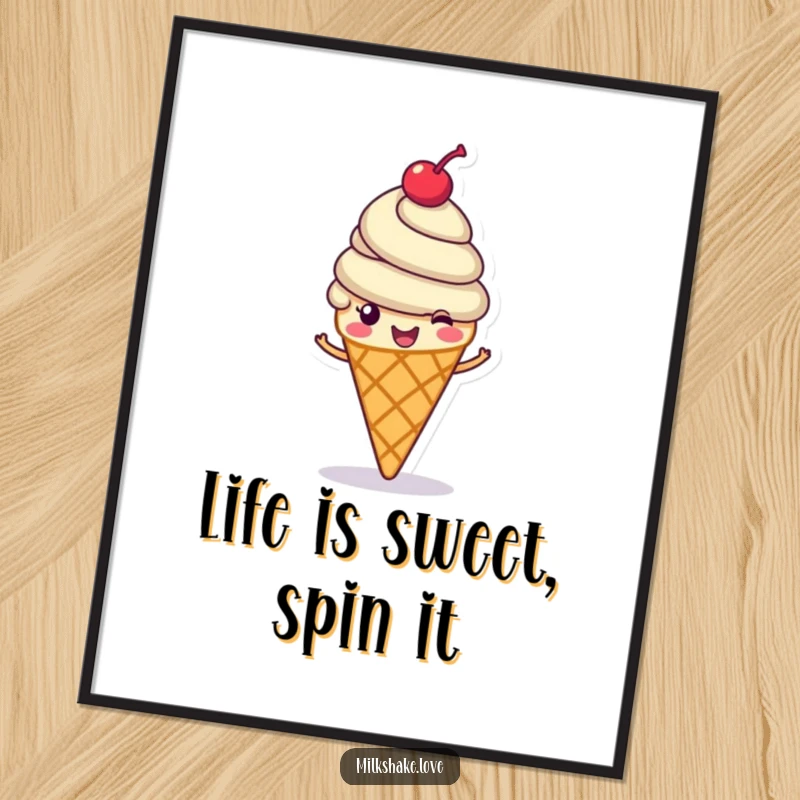 Funny Free Printable Ice Cream Wall Art: Cheerful, smiling ice cream cone with a cherry on top, spinning happily, adding whimsical charm.