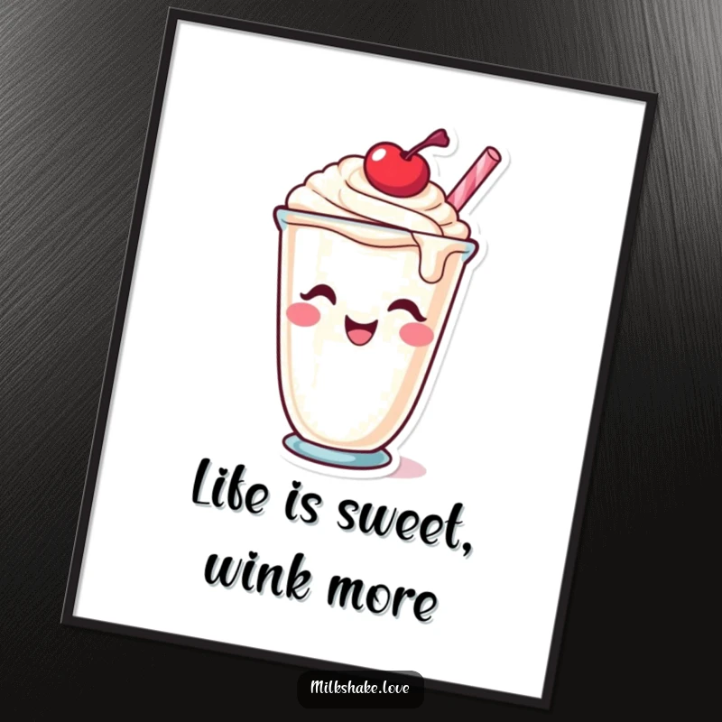 Funny Free Printable Wall Art of a charming milkshake cup giving a cheeky wink, cherry on top.
